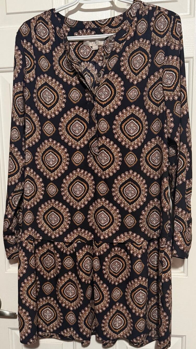 Loft Ann Taylor Women's Black Brown Quarter‎ Button Long Sleeve Dress Size M